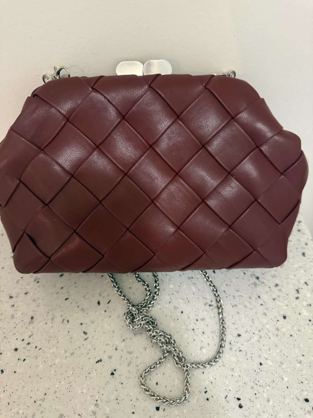 Moda Luxe Woven Clutch in Burgundy with‎ Silver Chain Shoulder Strap